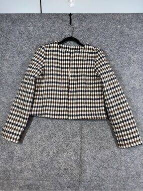 House of Harlow 1960 Plaid Crop Jacket Cream Black Medium Open Front Blazer Luxe